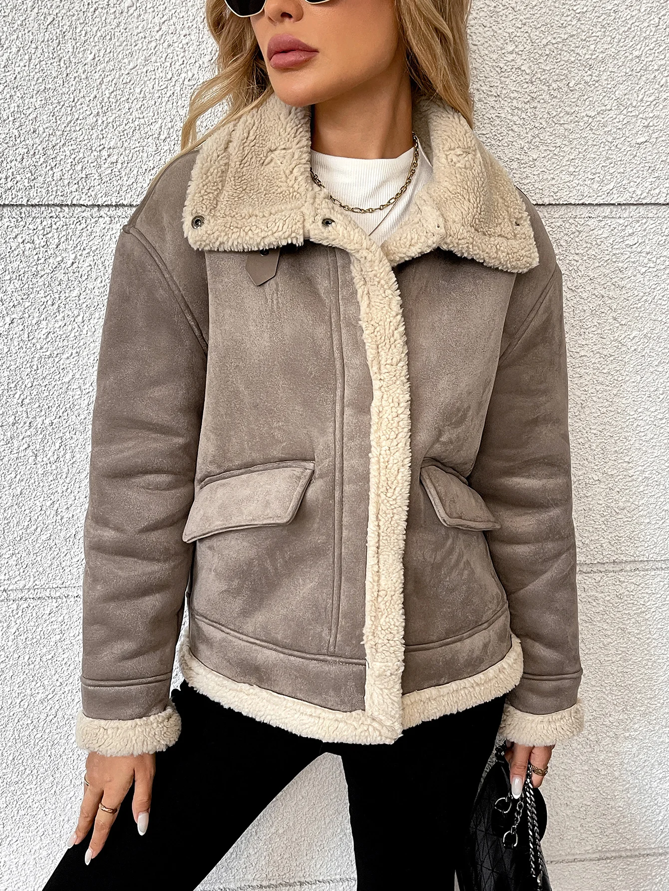 

Fitaylor Autumn Winter Women Faux Suede Lamb Jacket Casual Lady Thick Warm Motorcycle Leather Outwear
