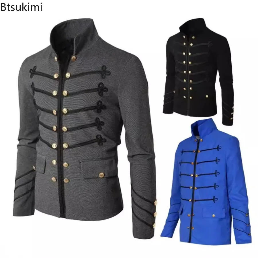 

Steampunk Men Vintage Gothic Parade Jacket Embroidered Buttons Solid Color Top Retro Uniform Ziper Outerwear Medieval Costume