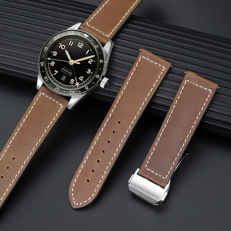 22mm Cowhide Watch Strap for Longines Pioneer Multi Time Zone L3.812 L3.82.4 Series Breitling Huawei GT3 GT4 46mm Men Wristband