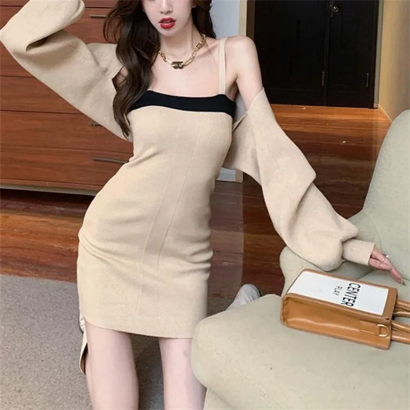 Baju Wanita Korea, syal rajut Mode Korea, Atasan wanita malas musim semi, pas badan, tali ramping, gaun pinggul, Set dua potong