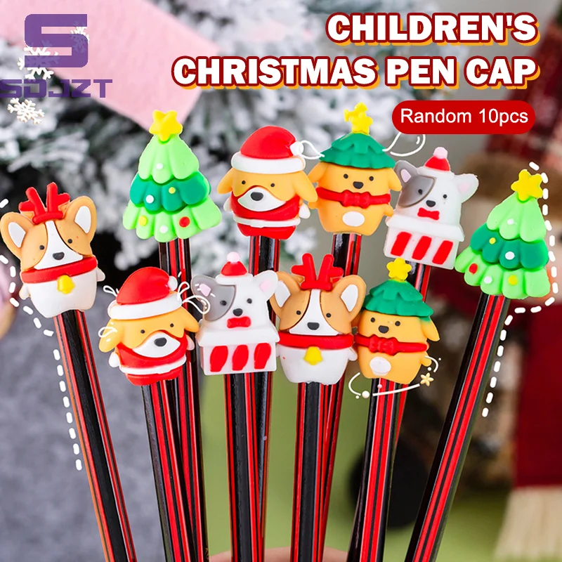 10Pcs Mini Cute Cartoon Christmas Silicone Pen Topper Covers Kawaii Pencil Cap Creative Pencil Extender School Supplies Gifts