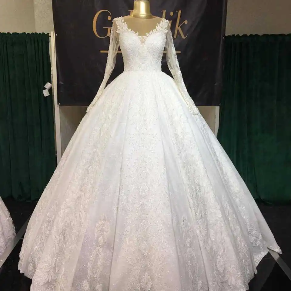 Vestidos de novia de encaje elegantes personalizados, vestido de baile de manga larga con cuello en V, apliques de cuentas, vestidos de novia personalizados