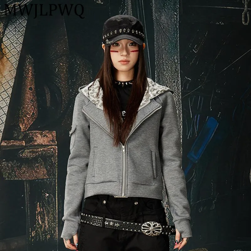 

MWJLPWQ Leopard Printed Patchwork Short Sweatshirt Unisex New Fake Two-Piece Double Layer Slim Fit Personalized Hooded Top 13457