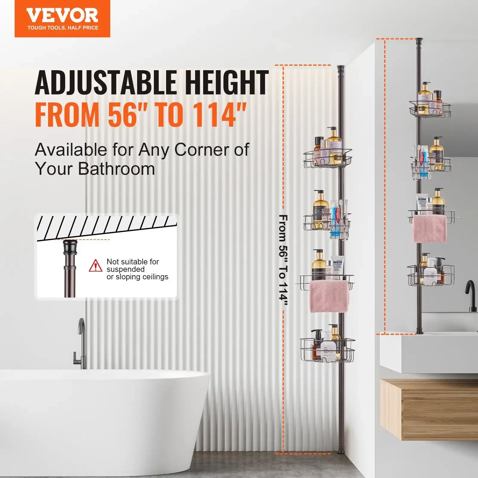 

56" to 114" High Shower Corner Caddy Tension Pole Rust-Proof Tension Pole
