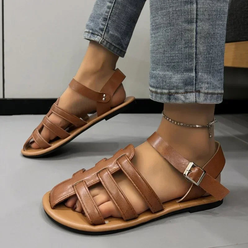 

Women Closed Toe Flat Woven Sandals Female Summer Ankle Buckle Hollow Out Gladiator Sandalias Women Non Slip Beach Sandles