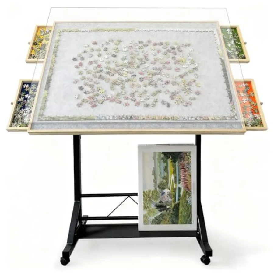 

Adjustable Puzzle Table with Drawers for Adults, Wooden, Natural, Tilting Rotating Board with Wheels Storage