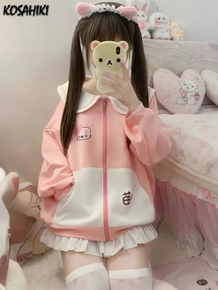 

Japanese Patchwork Zippers Sailor Collar Hoodies Loose Grunge Cartoon Tops Casual Y2k Aesthetic Vintage Pocket Sweatshirt Women