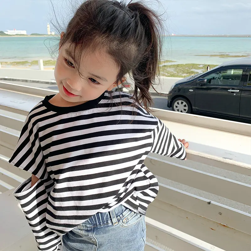 Girls' Striped Arm Baring Personalized T-shirt Personalized Casual Long Sleeved T-shirt Children Base Shirt Fashion Kids Outfit