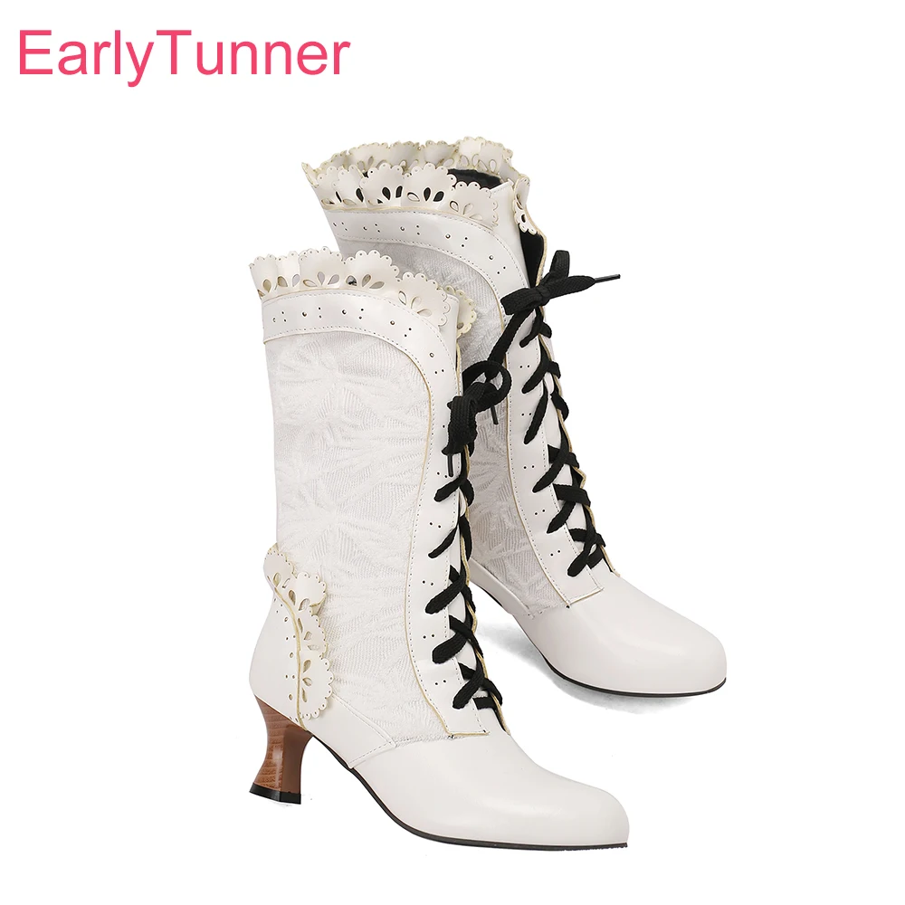 2024 Winter Glamour White Black Women Mid Calf Boots Hot Round Toe High Heels Lady Nude Shoes Plus Big Size 12 43 45 50