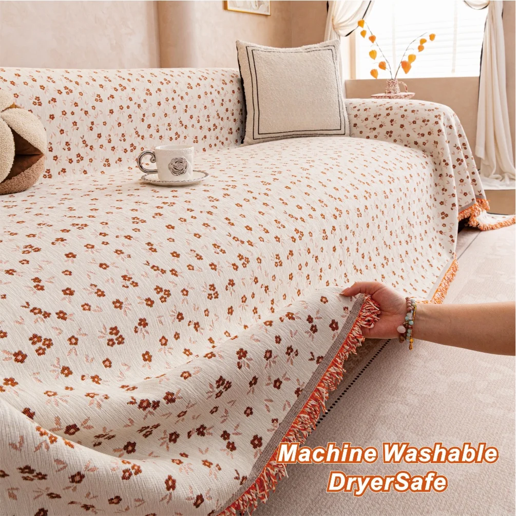 

Small floral pattern fringe sofa towel with multi scenario application, machine washable, pet friendly sofa protective cover