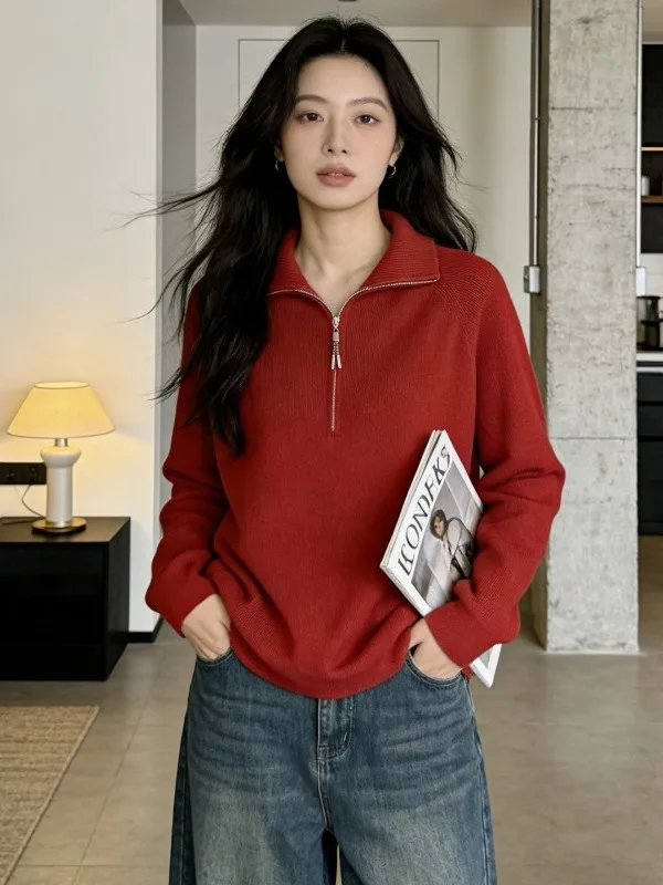 

Red Collar Sweater Women's plus Size Spring New Style Slimming Belly Covering Commute Style Knitted Long Sleeve Top