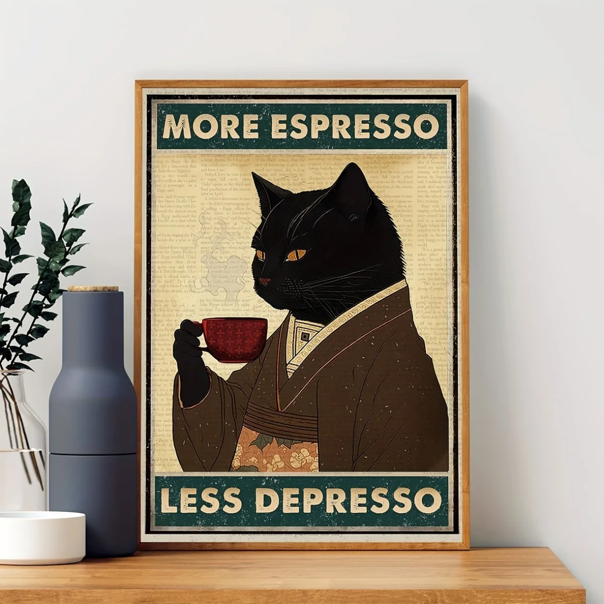 2D Flat, 2D Flat, 1pc Frameless Vintage Canvas Art Featuring a Black Cat with The Phrase 'More Espresso, Less Depresso' - an