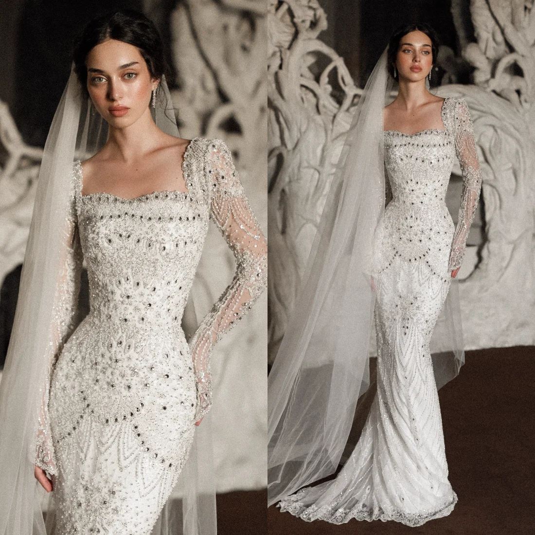 Long Seleves Wedding Dress Luxury Mermaid Heave Beaded Sequins Crystal Formal Bride Gowns Customized Floor Length Bridal Dresses