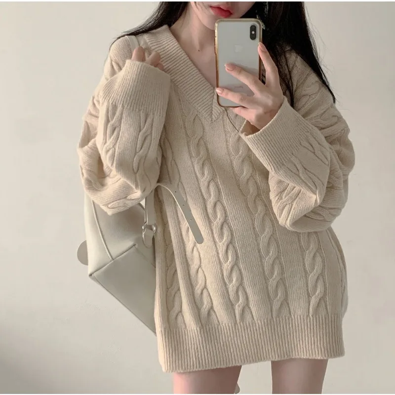 

Autumn Winter 2023 Chic Solid Color Loose V-neck Striped Thick Long Sleeve Sweater Soft Elastic Women's Knitted Pullovers Top