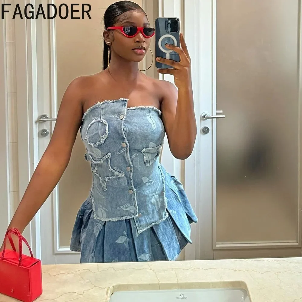 FAGADOER Fashion Patchwork Irregular Denim Two Piece Sets for Women Sleeveless Backless Slim Tube And Pleated Mini Skirts Outfit