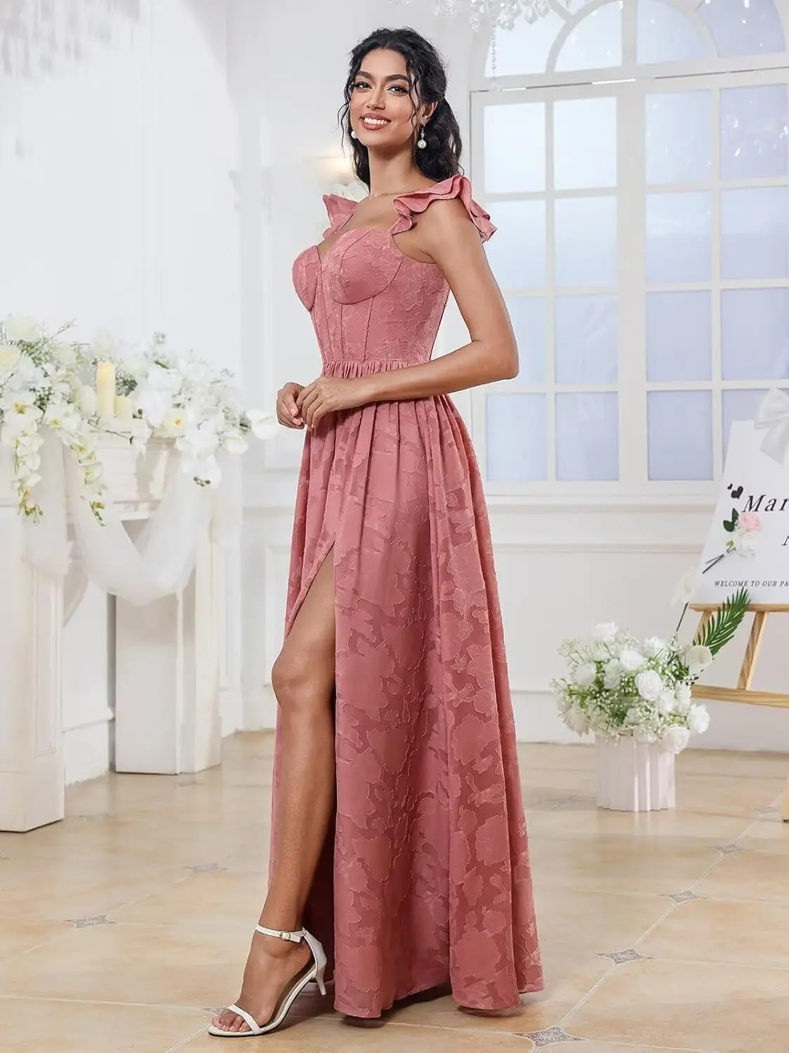 Sevintage Vestidos de dama de honor florales para mujer Mangas largas Vestidos formales para invitados de boda con hendidura