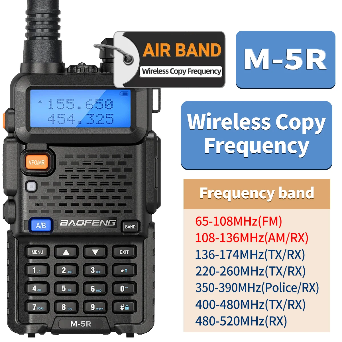 Baofeng M-5R Walkie Talkie Air Band Draadloze Kopieerfrequentie Tweeweg Radio Lange Afstand Vhf Uhf Commutator Amateur Ham Radio