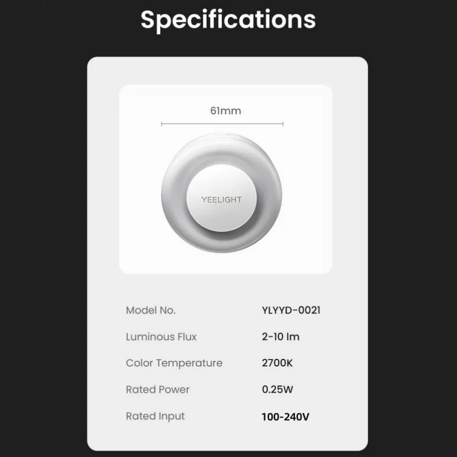 Yeelight Plug-in Light Sensor NightLight Mini Sensor Night Light Warm White 2700K Ultra Energy Efficient 0.25W 110-240V EU Plug