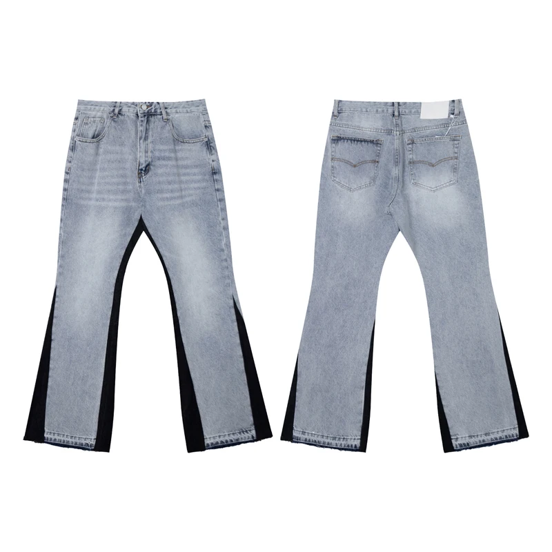 

Синие джинсы-клеш с черными вставками в стиле пэчворк, повседневные, в американском ретро-стиле, со средней посадкой, из хлопкового денима, для студентов и пар.