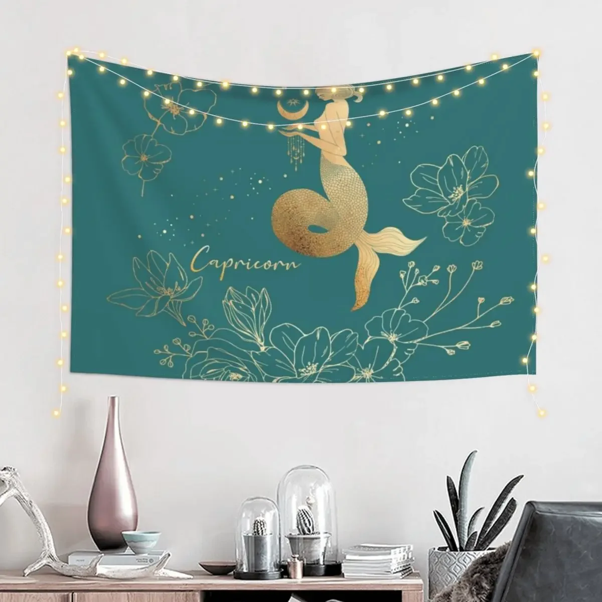 Capricorn Woman Mermaid in the Stars Holding the Moon Surrounded by a Floral Wreath - Teal Tapestry Anime Decor Tapestry