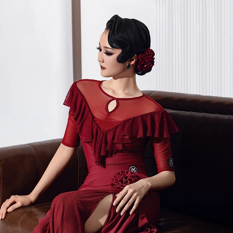 2025 ใหม่หรูหราโมเดิร์นเต้นรำชุดผู้หญิงตาข่ายลูกไม้ชุดวอลทซ์แทงโก้บอลรูมเต้นรำการแข่งขันเสื้อผ้า DN21434