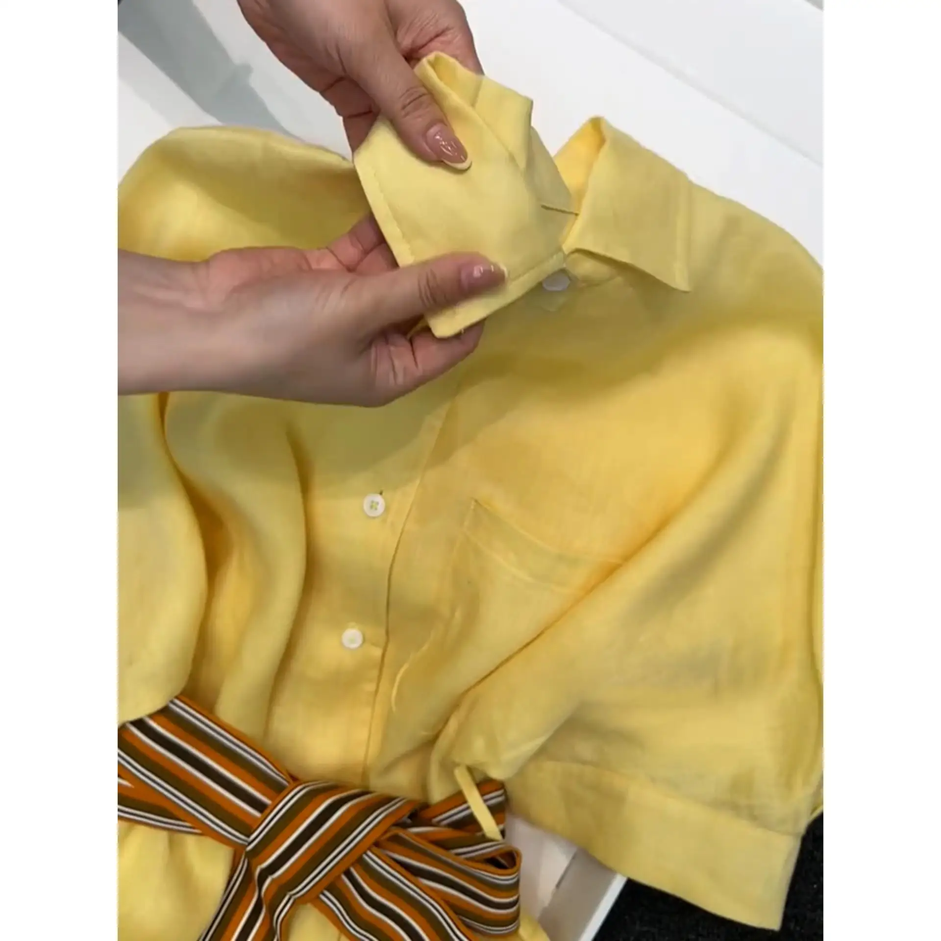Ele Yellow  Collar Cotton Linen ort Sve Dr Summer High Waist A-Line Skirt Sle Women's Faion Dr