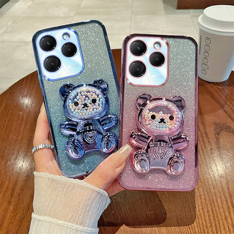 Hot 40 Case For Infinix Hot 40 Hot 40 Pro Luxury Gradient Glitter Plating Quicksand Beads Cute Bear Holder Case Cover Hot 40 Pro