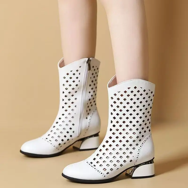 Women Genuine Leather Hollow Out Big Size Low Heel Ankle Boot Spring Summer Soft sole Breathable High Top Round Toe Cool Boots