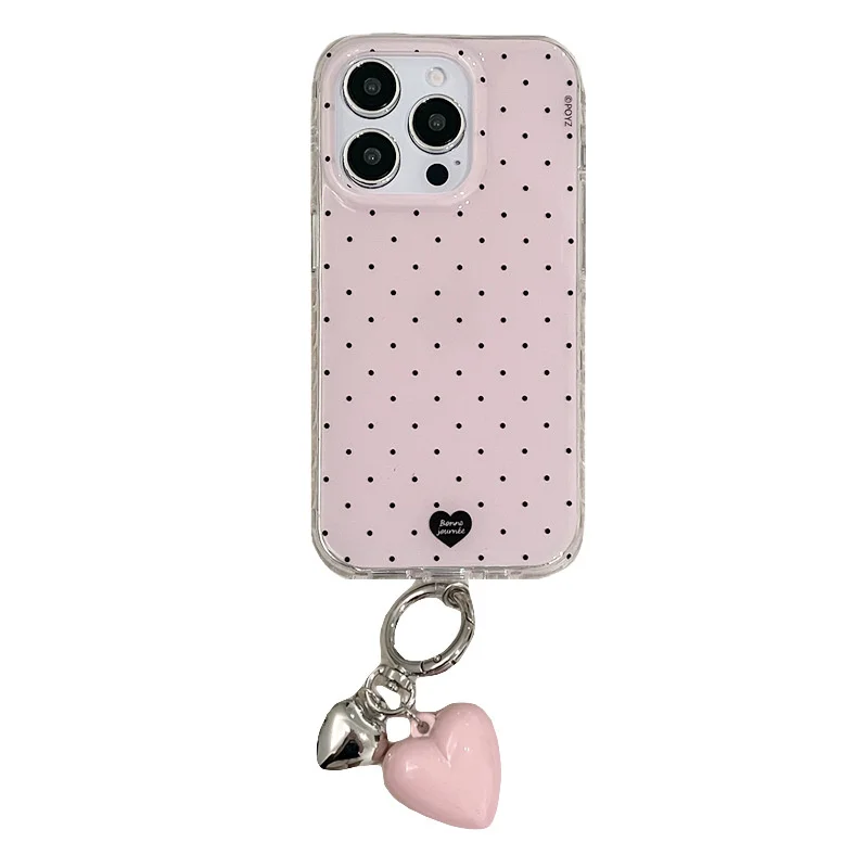IND Doppelschichtige Handyhülle mit rosa Punkten und herzförmigem Design, inklusive rosa herzförmigem Anhänger, für iPhone 11 12 13 14 15 16 17 18 Pro Max – Detail 4