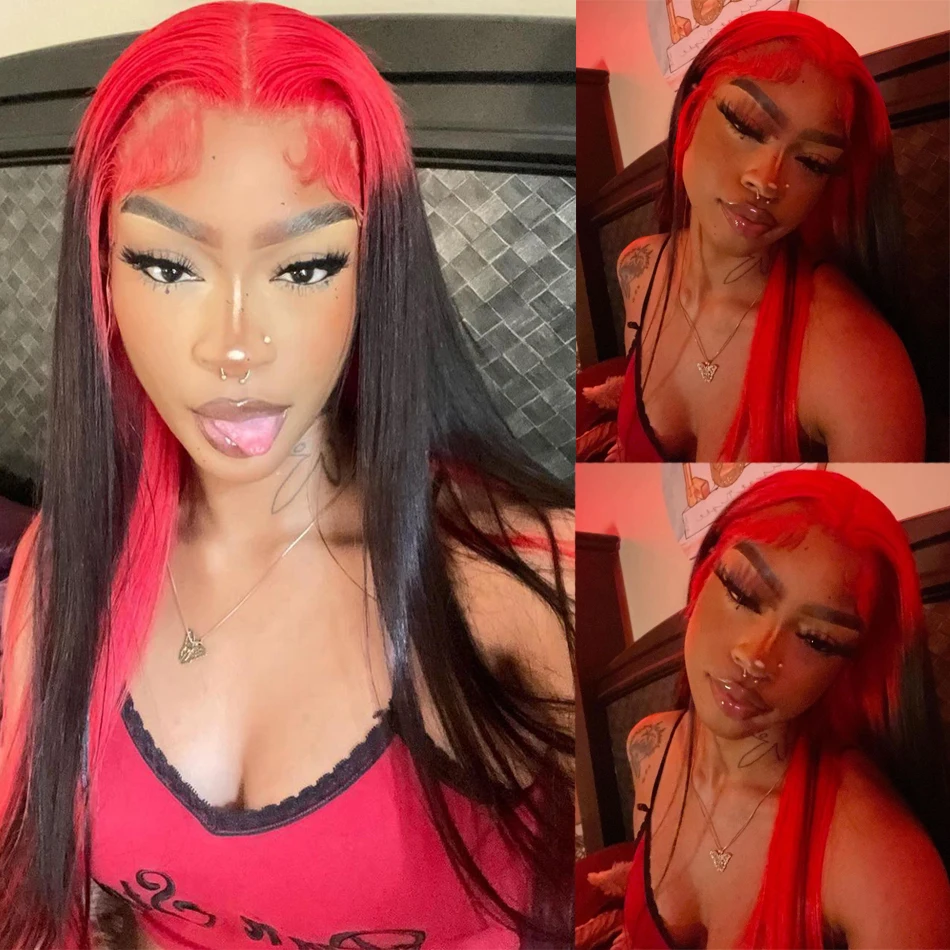 Ombre Red Colored 13X4 Lace Front Human Hair Wigs Straight Red Highlight Brazilian Remy Lace Frontal Wigs For Women Preplucked