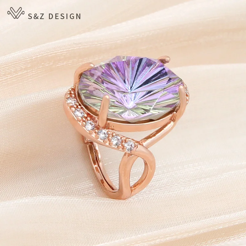 S&Z DESIGN New Fashion 585 Rose Gold Color Egg Shape Oval Crystal Rings For Women Wedding Party Elegant Jewelry Trendy Gift