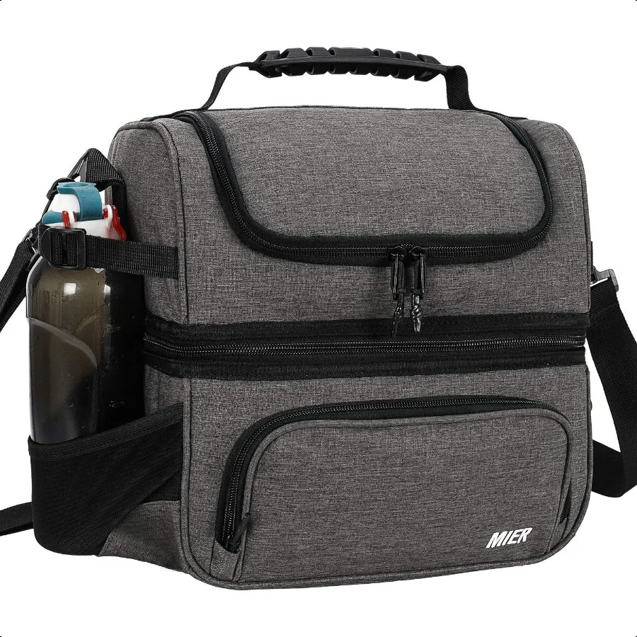 

Dual Compartment Lunch Bag Tote with Shoulder Strap for Men and Women Insulated Leakproof Cooler Bag Grey