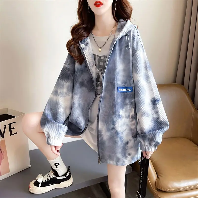 New Tie-dye Jacket Thin Sweatshirt Women High-end Mid-length Jacket Trendy