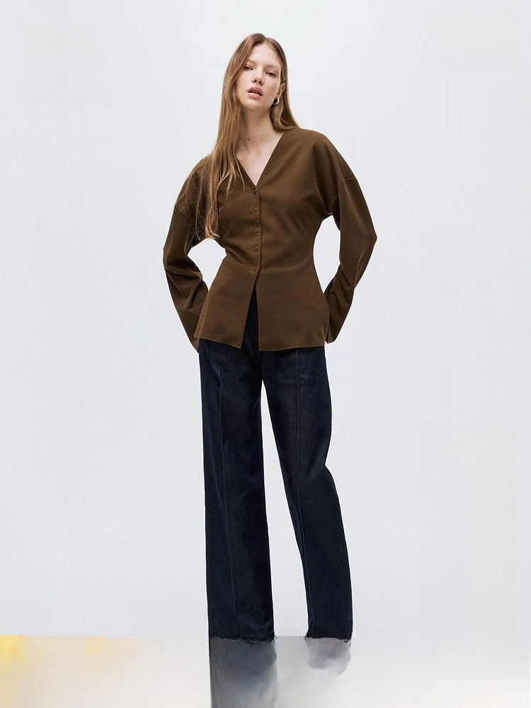 

H&M Women's Shirt Summer V-neck Front Button Wine Red Elegant Top 1310073 Casual Style Long Sleeve Polyester Fiber Blend