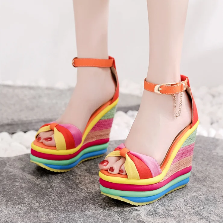 Women\'s Wedges Sandals Colorful Platform Rainbow Shoes Bowknot Hemp Bottom Female Ankle Buckle Strap Ladies Shoe Summer New 2021