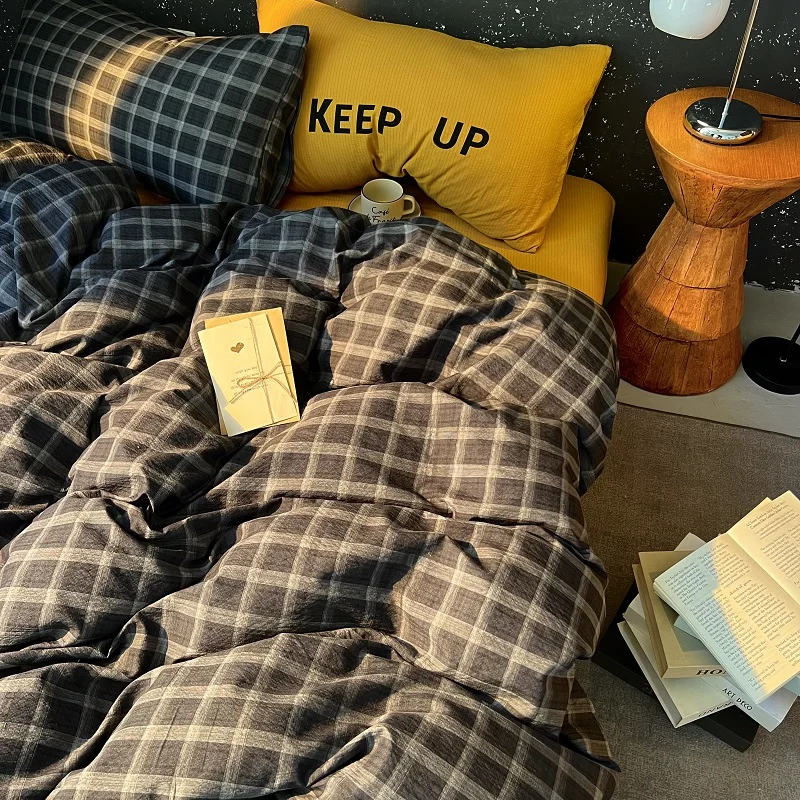 High Quality Beauty Bedding Set Plaid Duvet Cover Bed Sheet Set With Pillowcases Adult Dormitory Queen Size Winter Home Decor