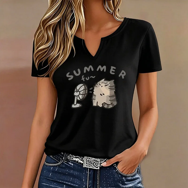 Cute Cat Summer Fun Cat Graphic T Shirt for Women V Neck Short Sleeve Tee Casual Soft Loose Tops Kitten with Fan Print Tshirt