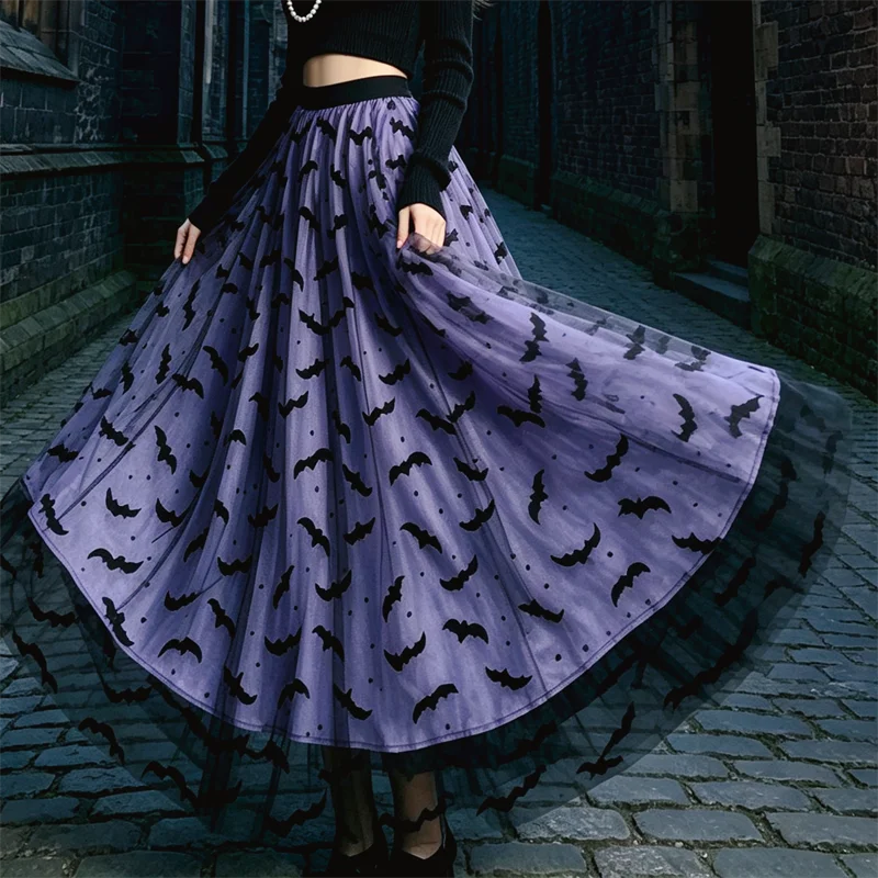 KAROFI Damen Gothic FlockingBat Print Tüll-Maxirock Lila Hohe Taille A-Linie Langer Rock Schwarzer Spitzensaum Halloween-Party-Rock