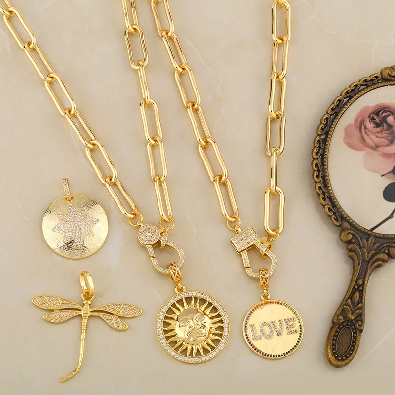 FLOLA Gold Plated Fatima Hand Evil Eye Necklaces for Women Copper Zircon Horn Lightning DIY Necklaces Jewelry Making Gift nkeq81