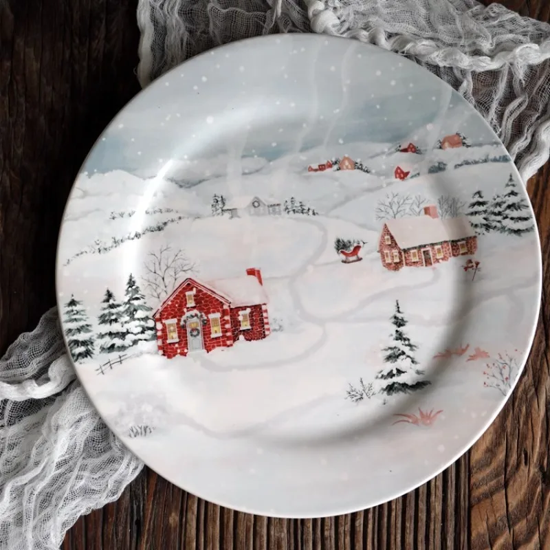 American Snow View Country Christmas Plate Exquisite Christmas Fruit Dim Sum Cuisine Plate Party Decorative Plate Free Shipping