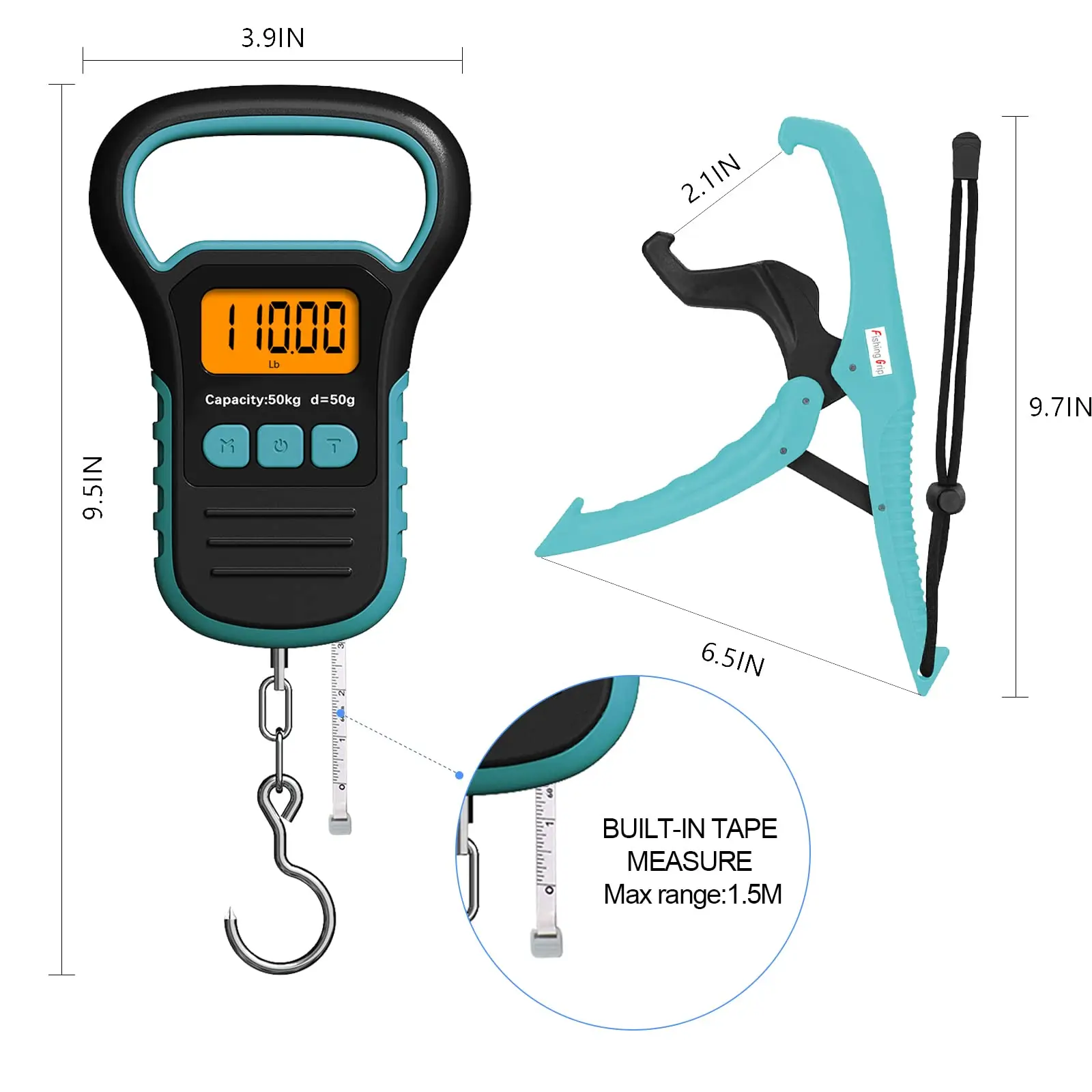 Rybia łuska cyfrowy z linijką i złapaniem, przenośny rybia łuska wiszący 110 lb/50 kg, waga do bagażu, podświetlony wyświetlacz LCD