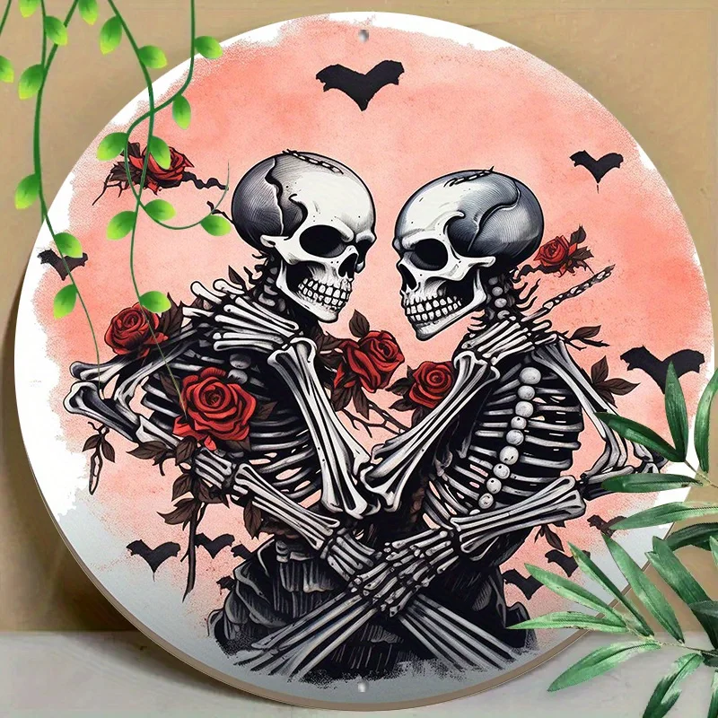 

Round Metal Aluminum Sign, Love Skeletons, Romantic Style for Home, Living Room, Coffee Shop, Office, Wall Decoration Art
