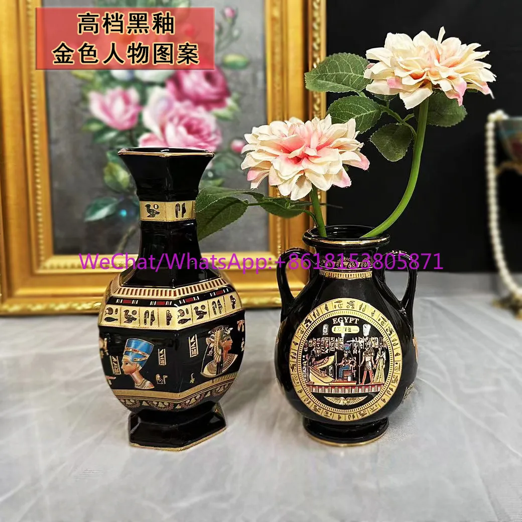 High-end black vase Greek mythology mysterious figure gold-painted binaural vase decoration