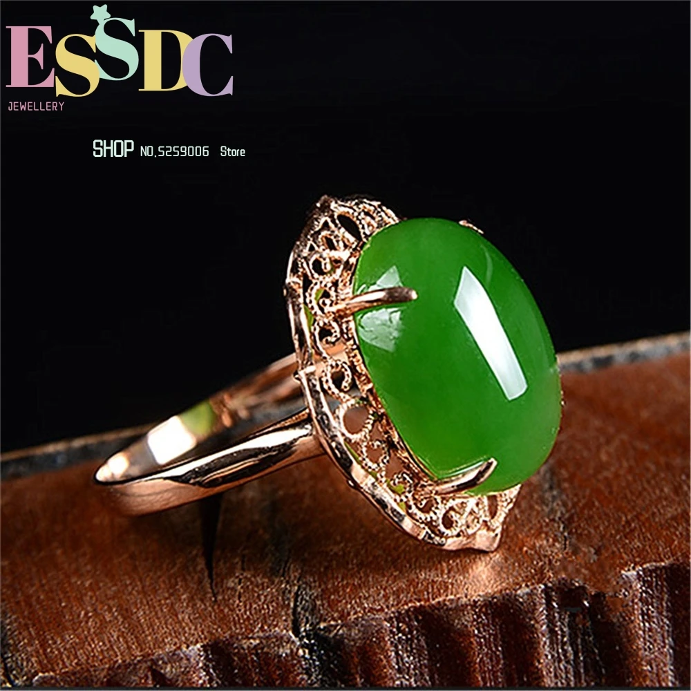 New In 14k Golden Jewelry Real Gold Beauty Natural Green Round Jade Emerald Bead Gemas Rings Fine Jewellery for Woman Men Gifts