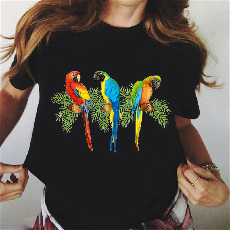 

2024Women tshirt watercolor Cockatiel Parrot print tee shirt femme rainbow birds t- shirt streetwear summer Tops black t shirt