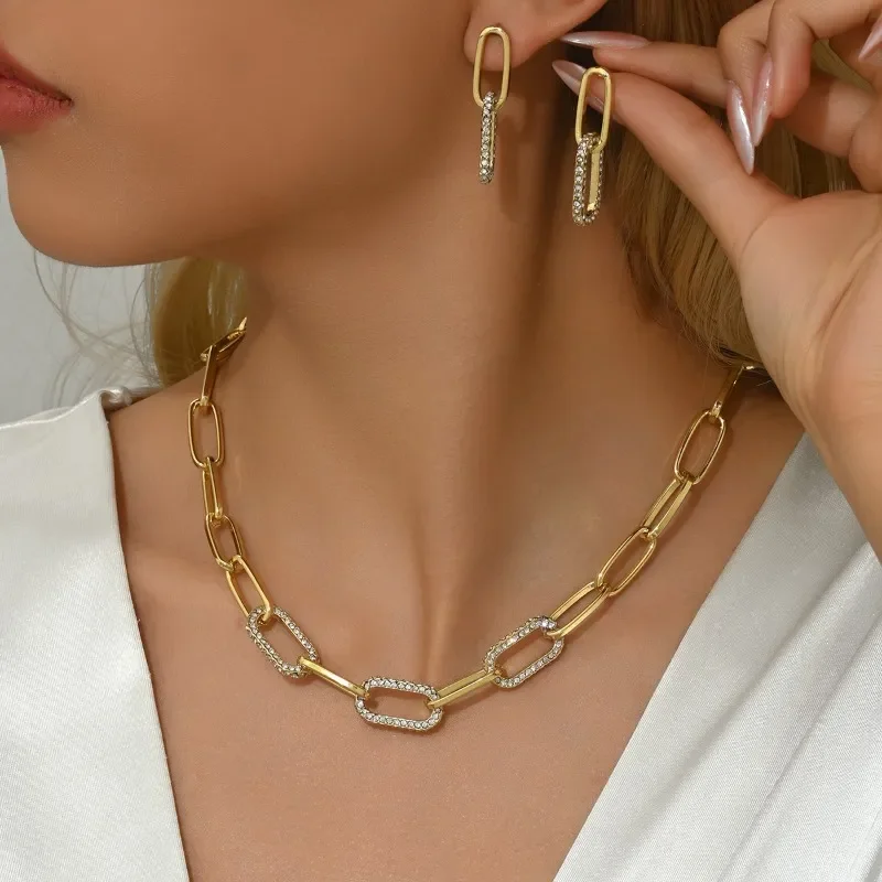 

Jewelry Set Cubic Zirconia Micro Paved Double Link Chain Necklace and Earring Set for Women Fashion Minimalist Versatile Luxury Accessory