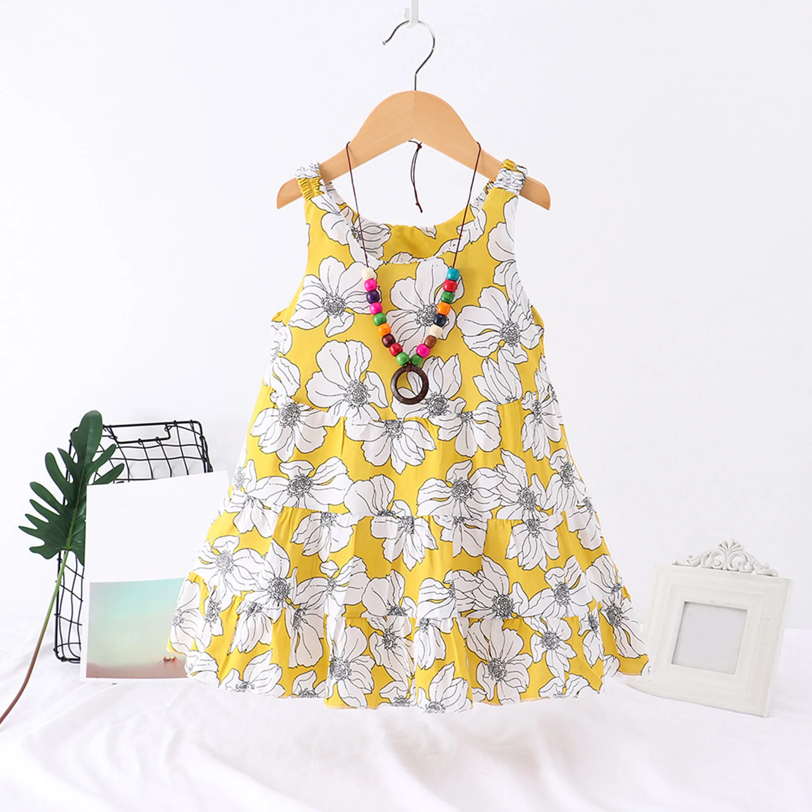 3-10Y Summer Toddler Girls Dress Holiday Summer Sleeveless Crew Neck Flowers Printed Ruffles A-Line Dress Bohemian Beach Dress