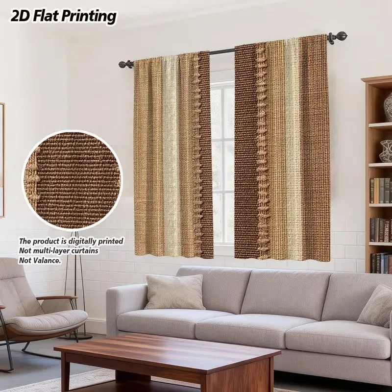 2D Flat 2-Piece Vertical Stripe Brown Beige Striped Printed Door Curtain Durable Fade-Resistant Home Decor Accessory