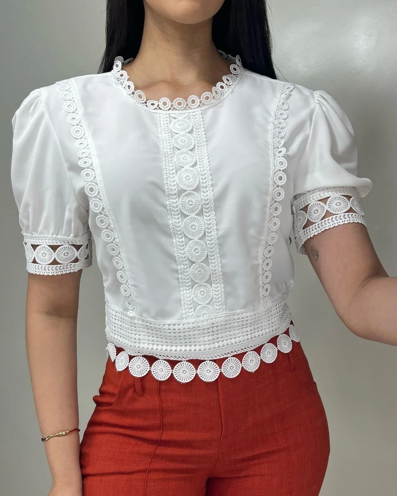 Women's Contrast Lace Casual Slim Top Women Clothing Temperament Commuting Female New Fashion Round Neck Puff Sleeve Blouses