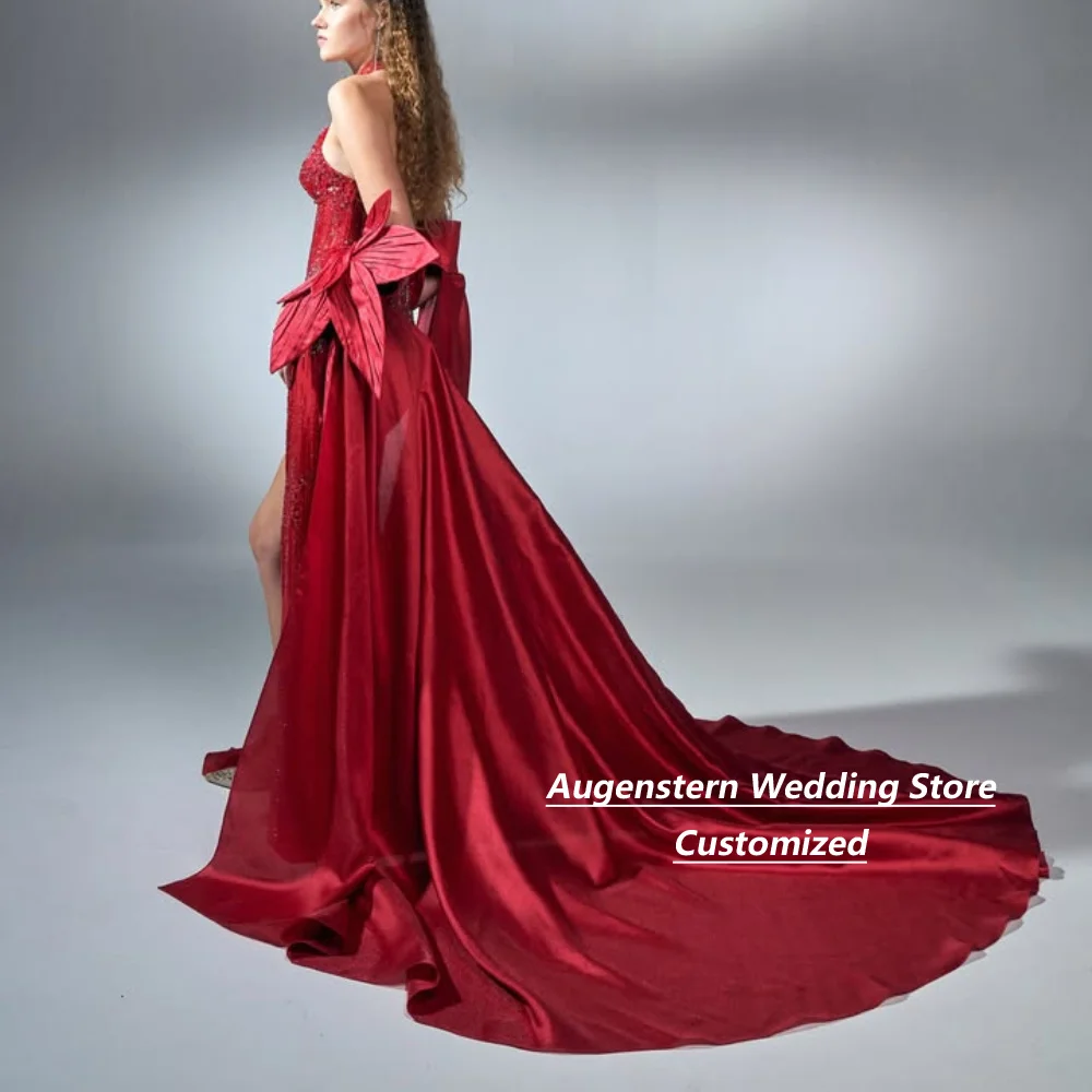 Customized Red Halter Beaded Mother Of The Bride Gown 3D Flower Evening Dress Sleeve Slit Mermaid Formal Gown With Train
